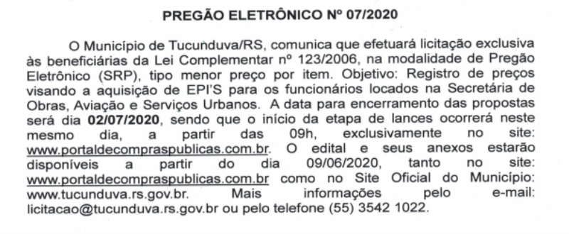 PREGÃO ELETRÔNICO N° 07/2020 -  SRP AQUISIÇÃO DE EPI'S PARA OS FUNCIONÁRIOS LOTADOS NA SECRETÁRIA DE OBRAS, VIAÇÃO E SERVIÇOS URBANOS.